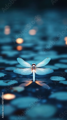 A shimmering dragonfly rests on a serene, blue surface, surrounded by glowing lights, creating a tranquil, enchanting atmosphere.