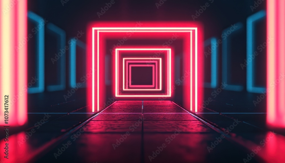 A futuristic corridor illuminated by neon lights in pink and blue, creating an immersive and vibrant ambiance. A futuristic corridor illuminated by neon lights in pink and blue, creating an immersive and vibrant ambiance.