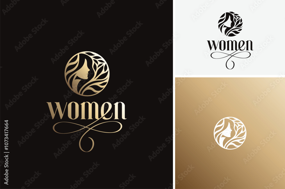 Pretty Woman Face Head Golden Silhouette with leaves for Natural Beauty Skin Care Chosmetic label logo design Pretty Woman Face Head Golden Silhouette with leaves for Natural Beauty Skin Care Chosmetic label logo design