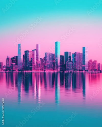 A vibrant, abstract cityscape reflecting in water, showcasing a mix of pink and teal hues, creating a surreal atmosphere.