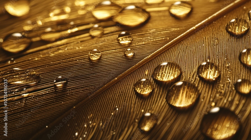 A close-up of a feather with droplets of water glistening on its surface, showcasing intricate textures and a golden color palette. A close-up of a feather with droplets of water glistening on its surface, showcasing intricate textures and a golden color palette.