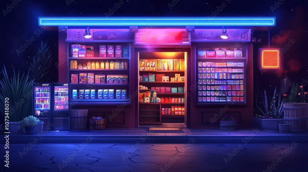 Neon-Lit Convenience Store at Night Captured in Vibrant Colors with Snacks and Drinks Displayed in a Lively Urban Environment Neon-Lit Convenience Store at Night Captured in Vibrant Colors with Snacks and Drinks Displayed in a Lively Urban Environment