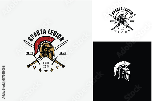 Spartan Helmet War with Sword for Fight Club or Empire Battle Game Emblem Label Vintage logo design