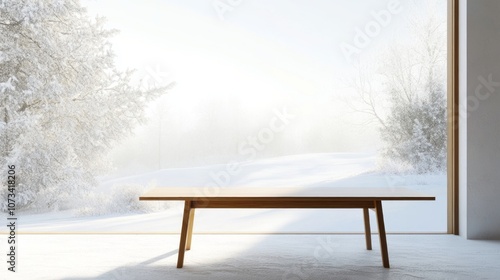 Wooden Table by Window with Snowy Landscape View