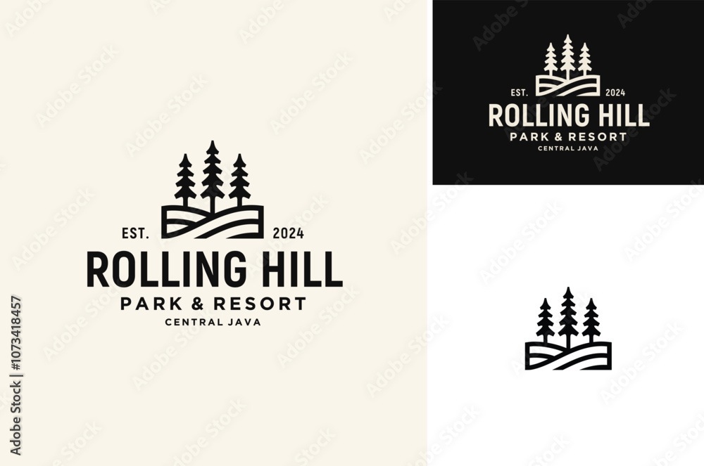 Silhouette of three pines tree similar with evergreen fir conifer spruce cedar larch cypress. Forest Rolling Hill Landscape classic vintage logo design
