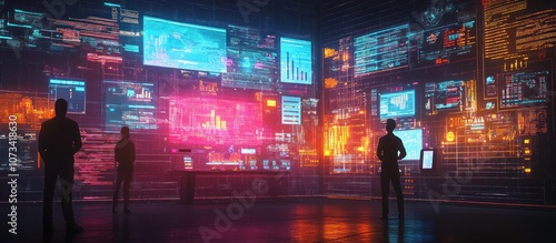 Wallpaper Mural Three people stand in a dark room surrounded by glowing computer screens displaying data and information. Torontodigital.ca