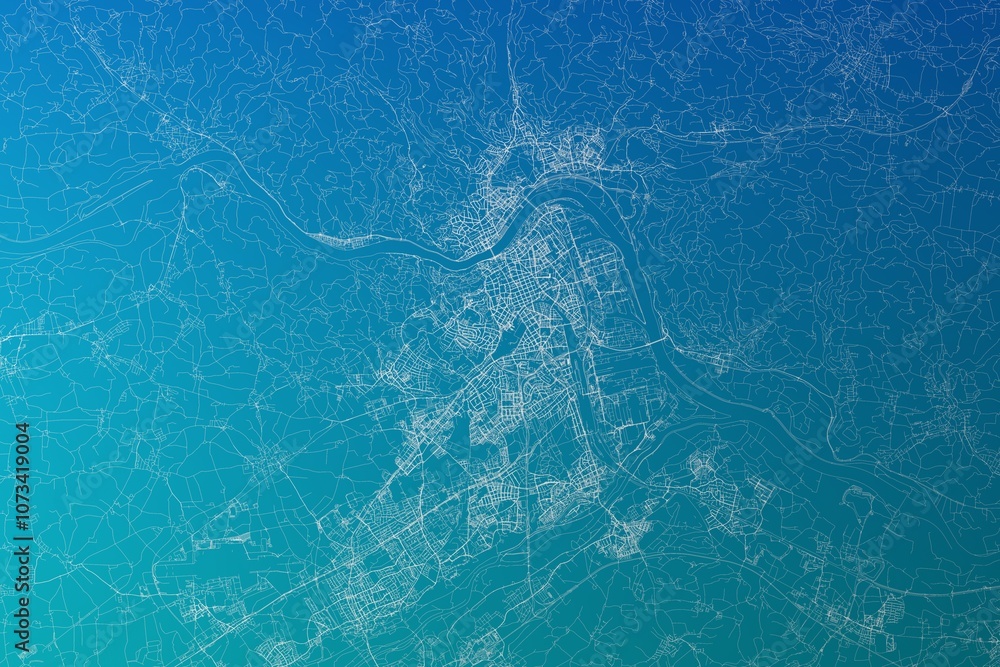 Naklejka premium Map of the streets of Linz (Austria) made with white lines on greenish blue gradient background. 3d render, illustration