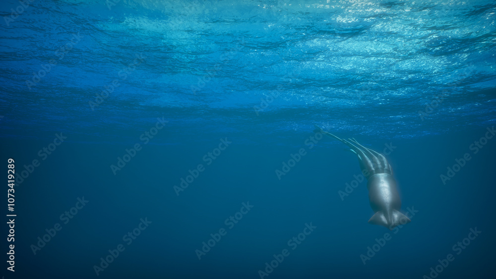 Fototapeta premium Giant deep sea squid swims underwater