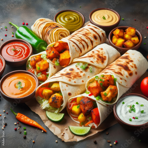 Assortment of wraps Reshmi Tikka, chicken tikka, bhuna, Aloo Corn or potato Corn paratha roll kathi shawarma with dipping sauce indian fastfood photo