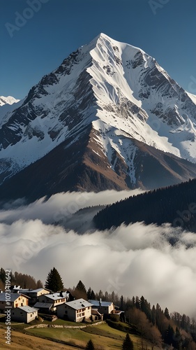 A snowy mountain towers over a quaint village nestled in a lush valley below, creating a picturesque winter scene