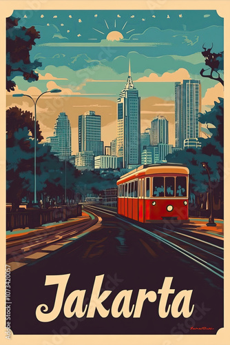 Jakarta, Indonesia, retro french vintage art nouveau travel poster art. City name in text, bold art nouveau font. Background, banner, wallpaper