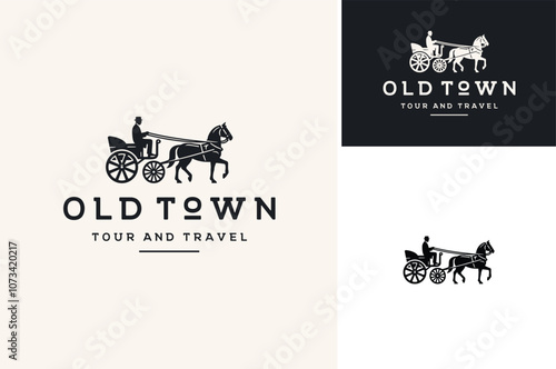Classic Horse Drawn Pulling Carriage Coach or Hansom Cab Cart with A Coachman Silhouette for Vintage City Town Transportation logo design