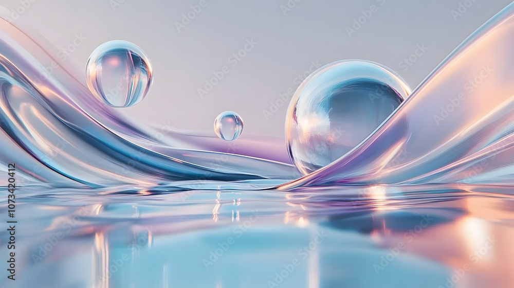Abstract 3D scene with a transparent glass ribbon on water and floating geometric circles and spheres. Abstract 3D scene with a transparent glass ribbon on water and floating geometric circles and spheres.