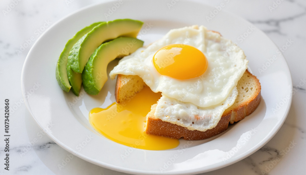 Fried Egg on Sliced Toast with Runny Yolk and Avocado Slices on White Plate Fried Egg on Sliced Toast with Runny Yolk and Avocado Slices on White Plate