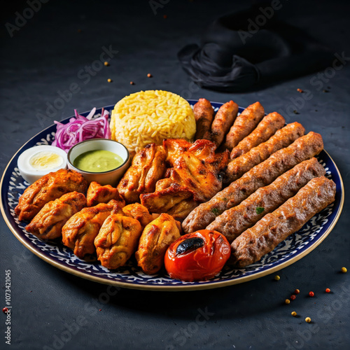 Assorted mix grills with chicken tikka, beef kabab, mutton kebab, wings, boti, malai, chop, shish tawook served in dish, arabic food photo