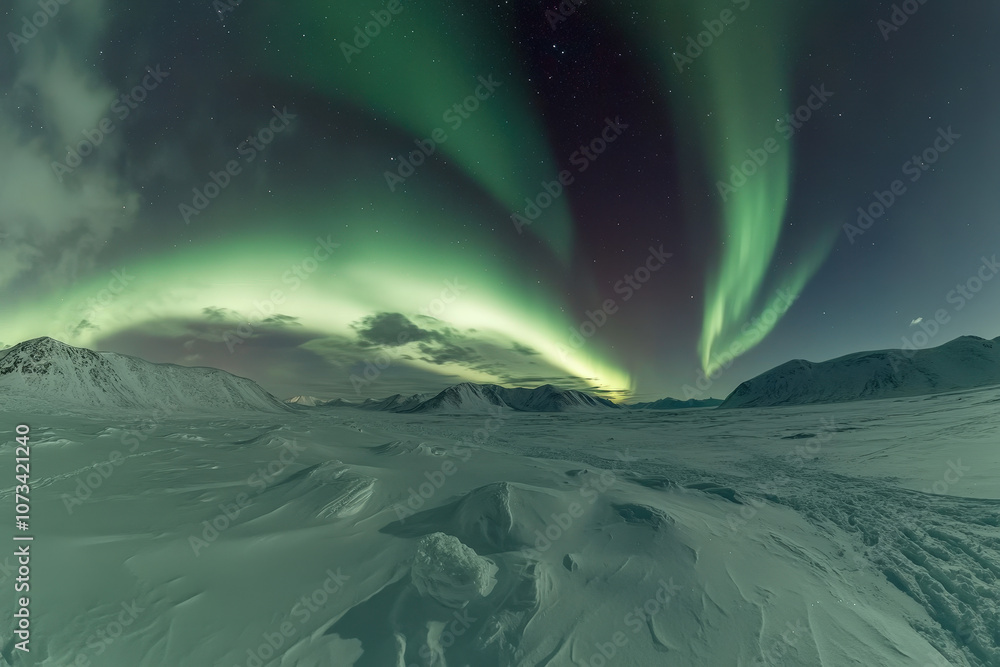 Naklejka premium Starry Night with Aurora Over Snowy Landscape