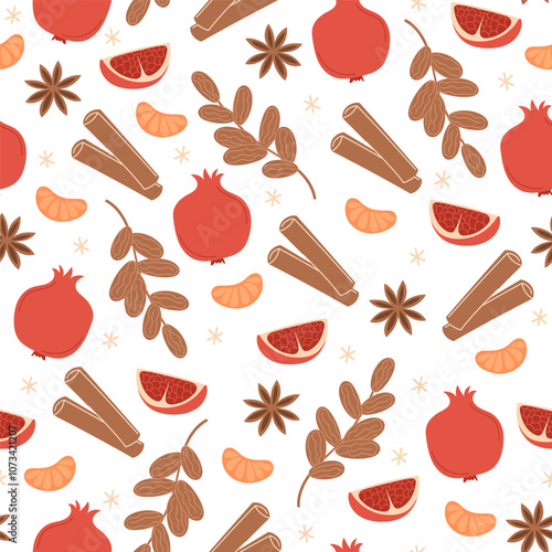 Christmas seamless pattern with winter fruits, pomegranate, tangerine, dates, cinnamon, and anise