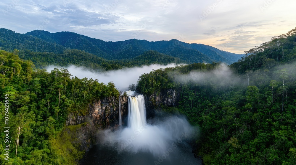 A stunning waterfall cascades through lush greenery, surrounded by misty mountains under a colorful sky. A stunning waterfall cascades through lush greenery, surrounded by misty mountains under a colorful sky.