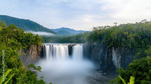 A breathtaking waterfall cascades down rocky cliffs surrounded by lush greenery and misty mountains under a serene sky.