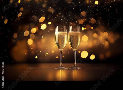 Two champagne flutes filled to the brim with bubbly against a dark background with golden bokeh.