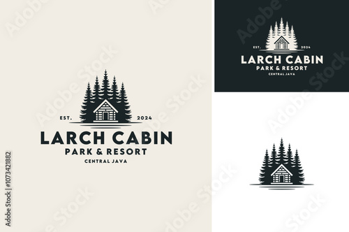 Evergreen Pine Larch Cedar Trees view with cabin and lake for Forest village cottage family house rent  vintage classic logo design