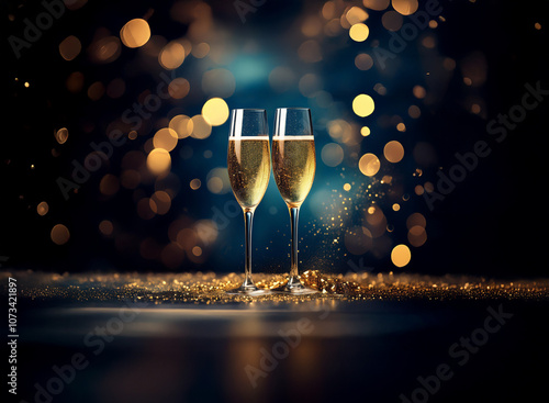 Two champagne flutes filled with sparkling wine sit on a surface covered in gold glitter against a dark blue background with sparkling lights. photo