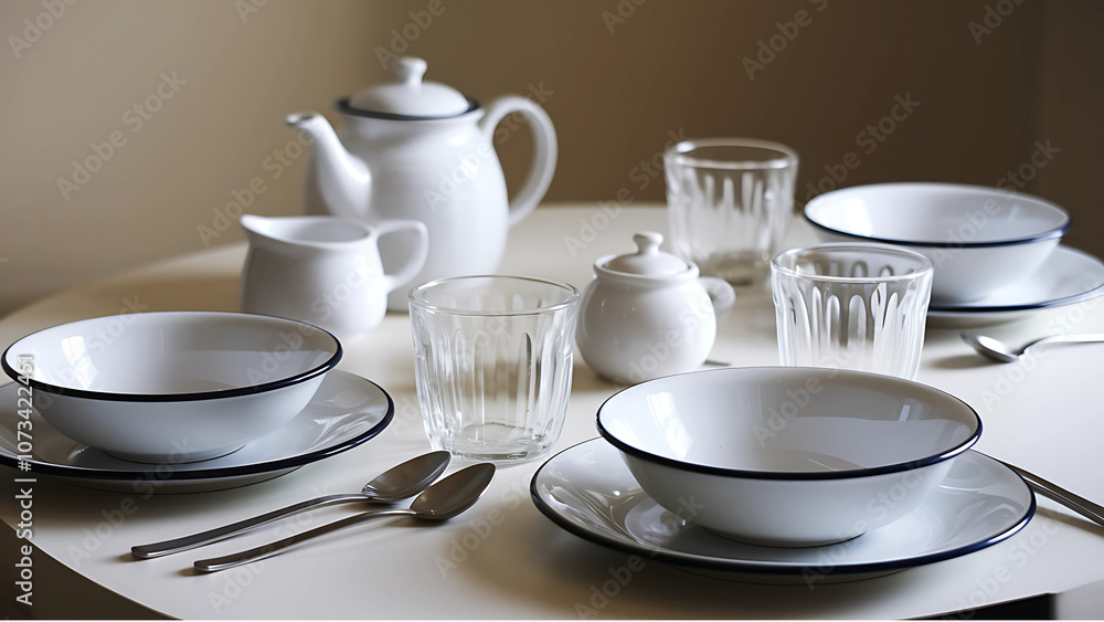 A beautifully arranged table setting featuring white porcelain dishware, glasses, and utensils, perfect for an elegant dining experience. A beautifully arranged table setting featuring white porcelain dishware, glasses, and utensils, perfect for an elegant dining experience.