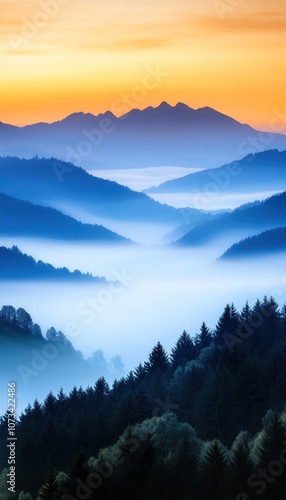 A serene landscape featuring misty valleys and mountains under a vibrant sunrise, blending hues of blue, orange, and purple.