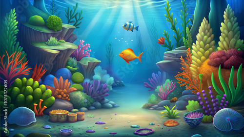 Cartoon colorful aquarium scene featuring an orange fish swimming in the middle, surrounded by various plants and rocks, creating a lively and vibrant atmosphere. Background for the game.