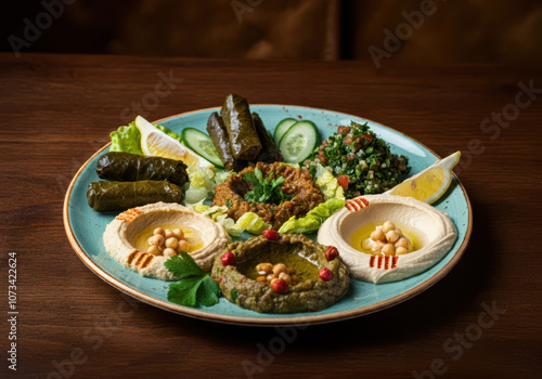 Mezze platter or mezzeh hummus, vine leaves, tabouleh, baba ganoush, lemon, mutabal served in dish on background arabic food photo