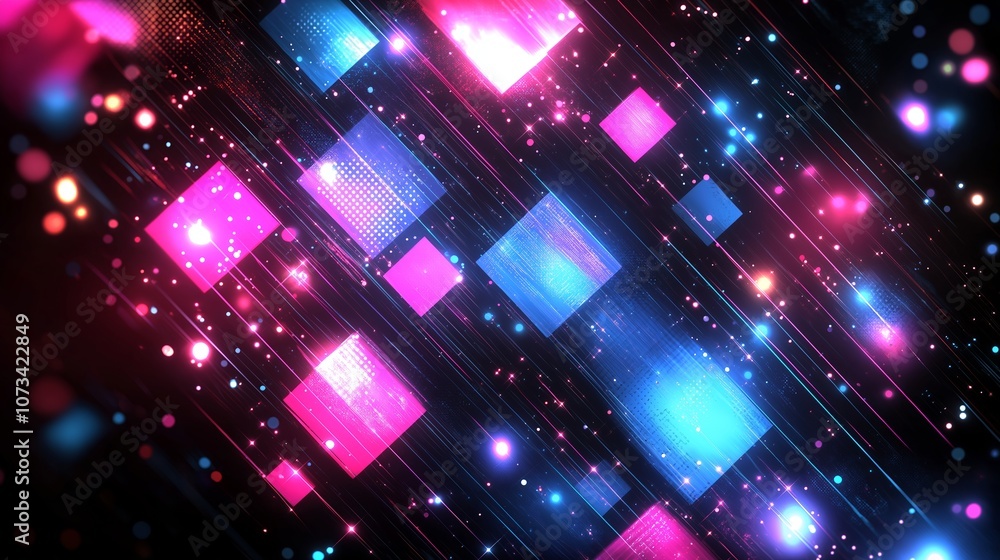 Obraz premium Abstract neon background with glowing pink and blue squares and light streaks