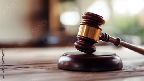 Wooden Judge Gavel Resting on Table Symbolizing Justice and Legal Authority : Generative AI