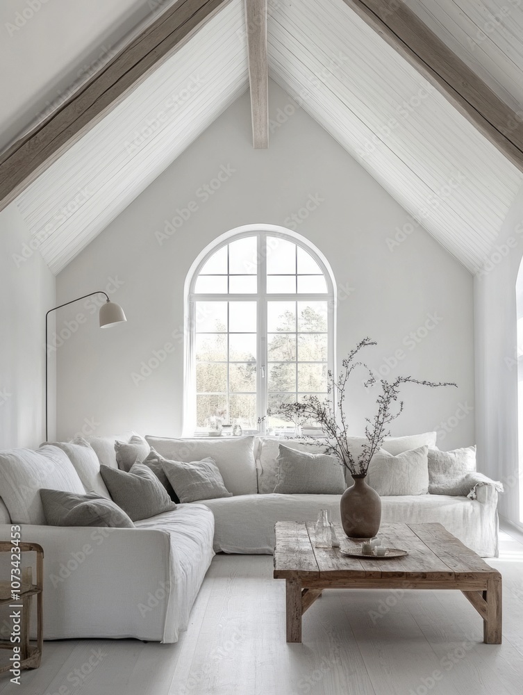 Minimalist Living Room with White Walls, Exposed Beams, and a Large Arched Window Minimalist Living Room with White Walls, Exposed Beams, and a Large Arched Window