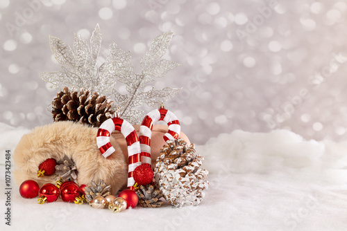 Christmas background with a shoe and Christmas decorations