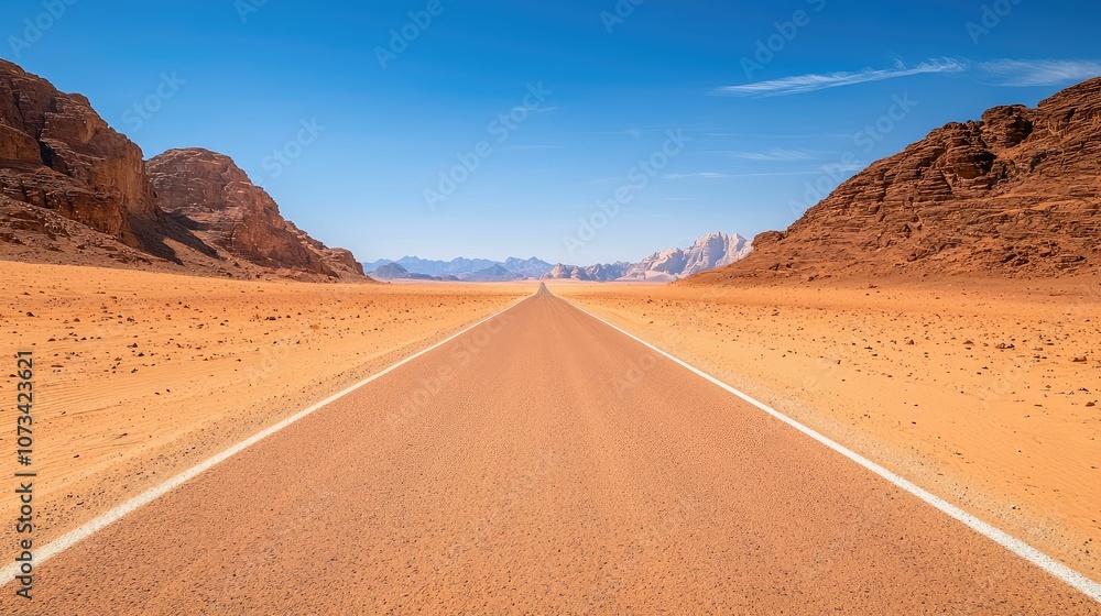 A long, straight road stretches through a vast, arid landscape, flanked by rocky mountains under a clear blue sky. A long, straight road stretches through a vast, arid landscape, flanked by rocky mountains under a clear blue sky.