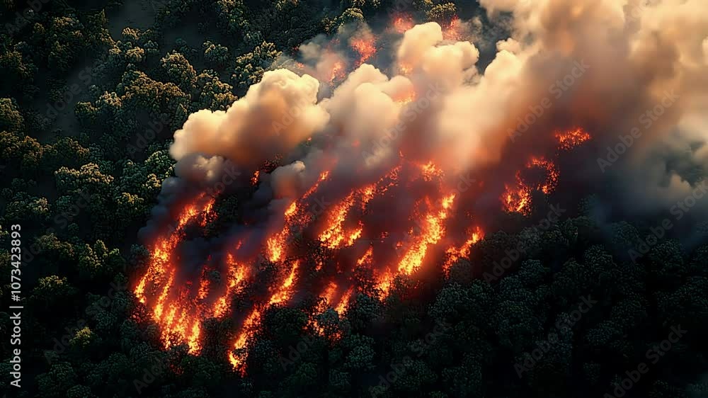 Dramatic Aerial View of Raging Wildfire Consuming Dense Forest Foliar Patterns at Sunset : Generative AI Dramatic Aerial View of Raging Wildfire Consuming Dense Forest Foliar Patterns at Sunset : Generative AI