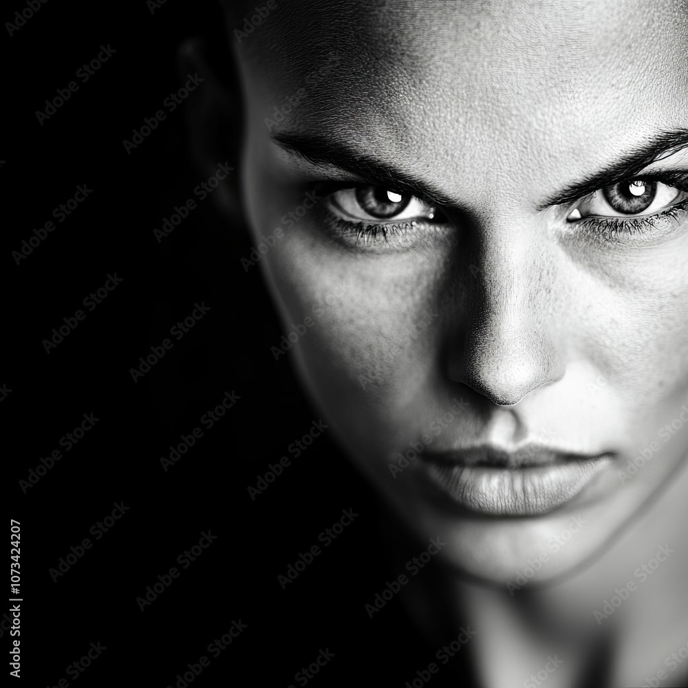 Black and white portrait, diffused lighting, intense expression, studio setting Black and white portrait, diffused lighting, intense expression, studio setting