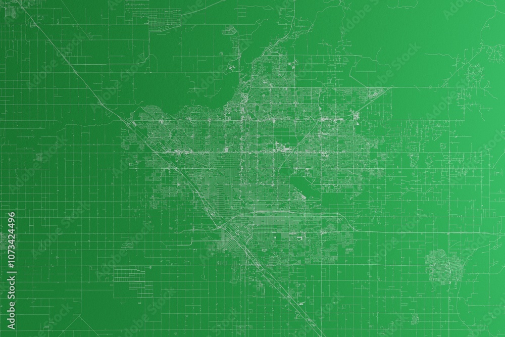 Map of the streets of Fresno (California, USA) made with white lines on green paper. Rough background. 3d render, illustration Map of the streets of Fresno (California, USA) made with white lines on green paper. Rough background. 3d render, illustration