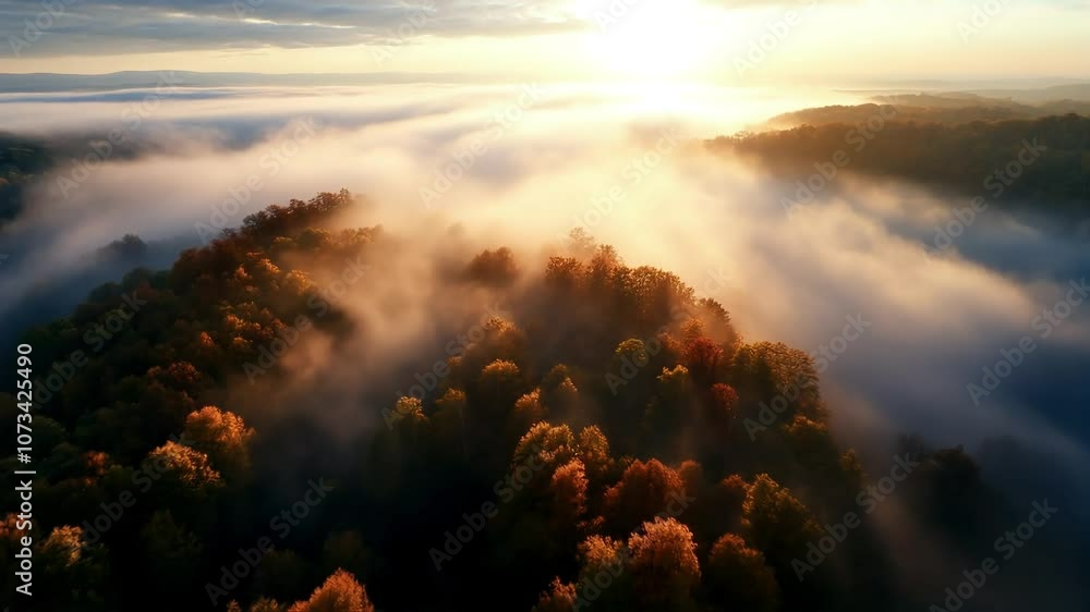 Golden Misty Forest at Sunrise with Vibrant Autumn Trees and Fog Offering a Scenic View : Generative AI
