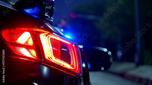 Closeup of police car with flashing lights at night highlighting emergency response vehicle features : Generative AI