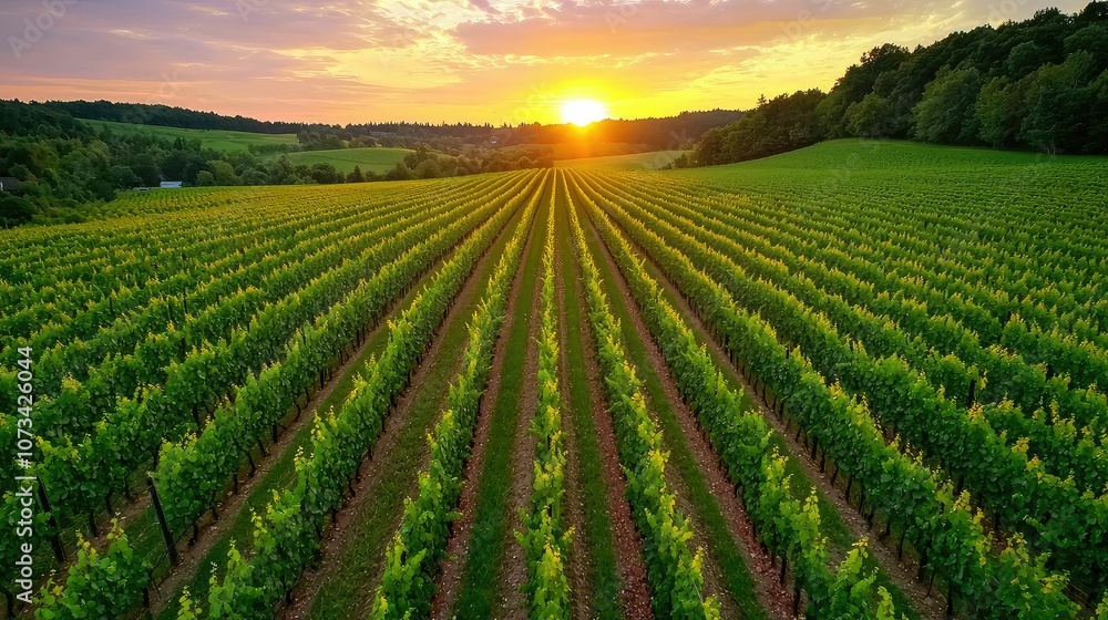 A serene vineyard at sunset, showcasing rows of green grapevines under a colorful sky, ideal for wine production and agricultural beauty.