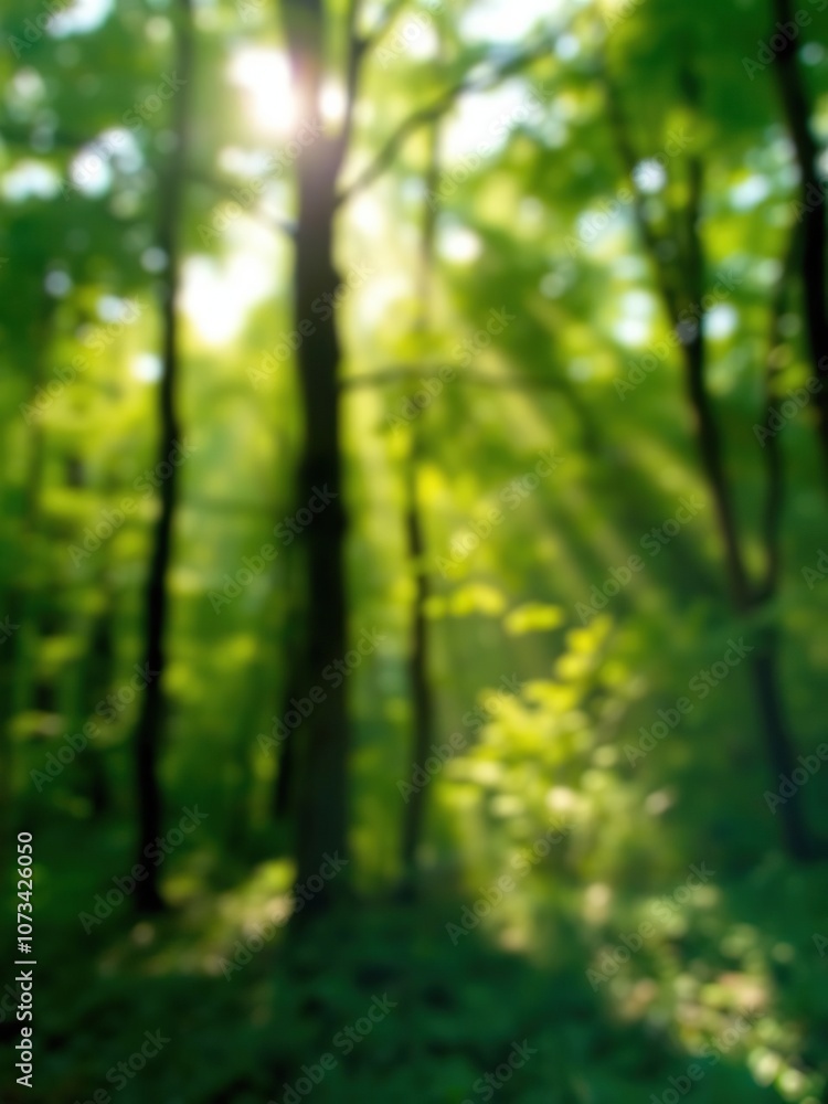 Obraz premium Blurred background of lush green forest with sunlight streaming through the trees, nature, peaceful