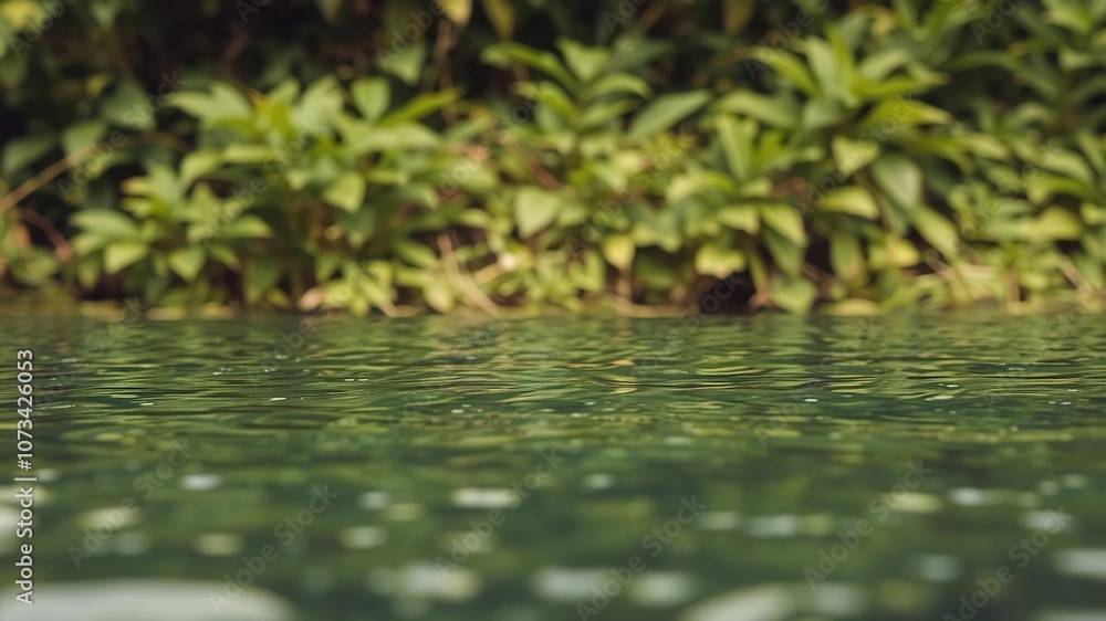 Blurred background of lush green plants and rippling water surface, blurred, abstract Blurred background of lush green plants and rippling water surface, blurred, abstract