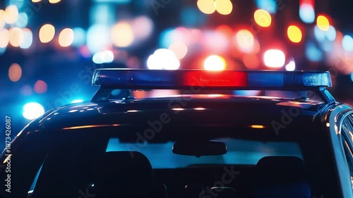 Vibrant Police Car Lights at Night Creating Dynamic Urban Atmosphere with Blurred City Background : Generative AI