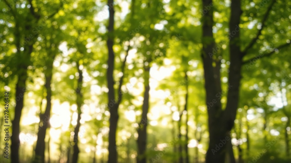 Fototapeta premium Blurred green forest background with sunlight filtering through the leaves, creating a serene and tranquil atmosphere, serene, foliage