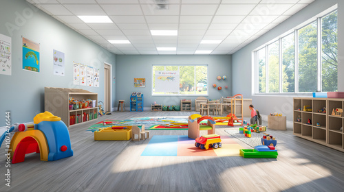 A lively pre-school classroom featuring designated play areas, learning stations, and bright, child-friendly décor, capturing the fun and nurturing environment for early childhood education