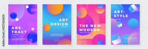 Modern Abstract Art Design Posters With Vibrant Colors and Shapes. A collection of four modern abstract art posters featuring geometric shapes and vibrant colors