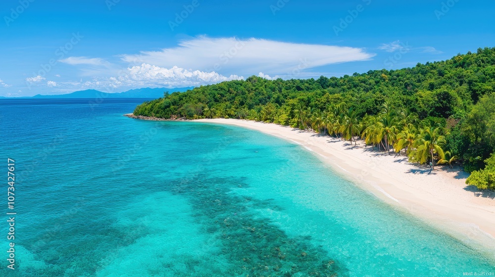 A serene tropical beach with clear turquoise waters, lush greenery, and a sunny sky, perfect for relaxation and adventure. A serene tropical beach with clear turquoise waters, lush greenery, and a sunny sky, perfect for relaxation and adventure.