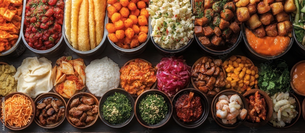A variety of colorful foods in bowls, including chicken, fish, vegetables, and grains. A variety of colorful foods in bowls, including chicken, fish, vegetables, and grains.