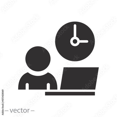 worker hours, flexible schedule work icon, punctual business man, part time job, remotely at the computer, flat vector illustration
